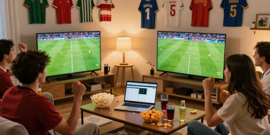 Xoilactv football viewing party in a cozy living room with friends cheering and snacks.