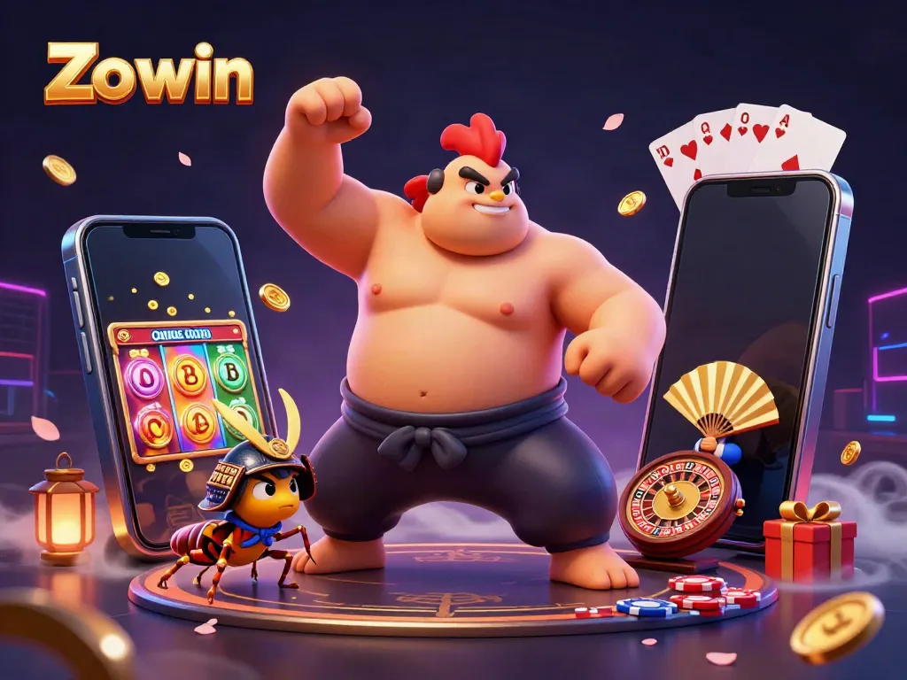 This imaginative Zo win illustration showcases a powerful sumo wrestler rooster and a fierce samurai cricket in a dynamic casino setting full of games and special effects.