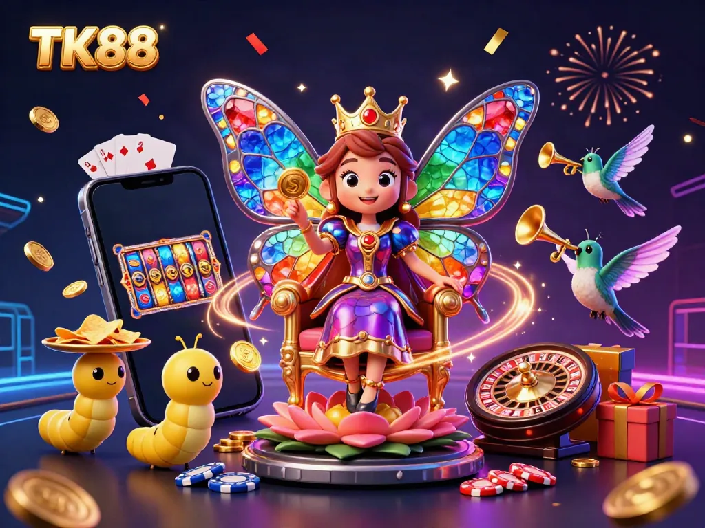 TK88 online gaming platform featuring a butterfly queen, vibrant colors, and casino symbols.