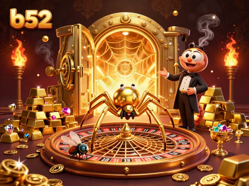 Experience exciting bets at b52 with the golden spider and centipede croupier illustration.