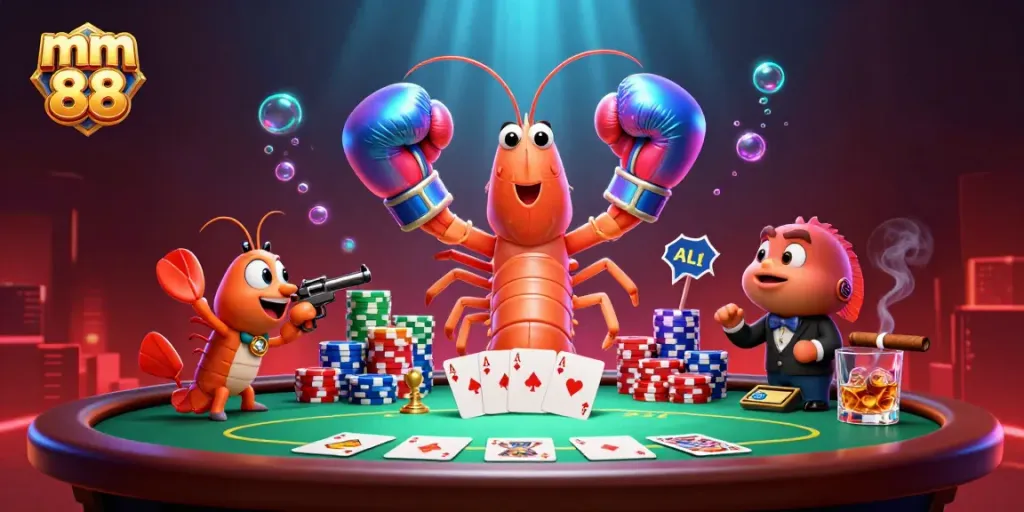 Experience casino excitement with mm 88 as three dynamic sea creatures engage in a thrilling poker showdown.