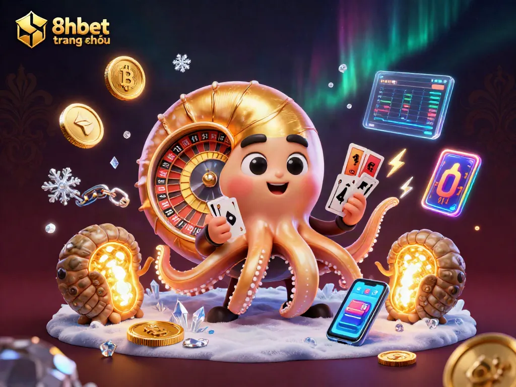 Engage with the vibrant 8xbet trang chủ scene featuring a giant nautilus roulette wheel and glowing crypto coins.