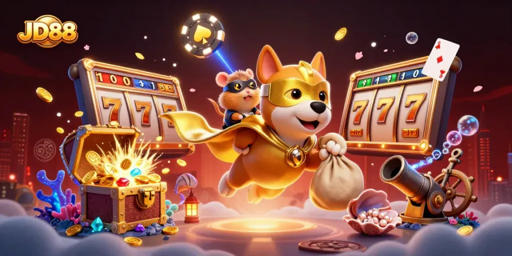 Engage in the JD88 casino adventure with a superhero dog and his sidekick, surrounded by dynamic gaming elements.