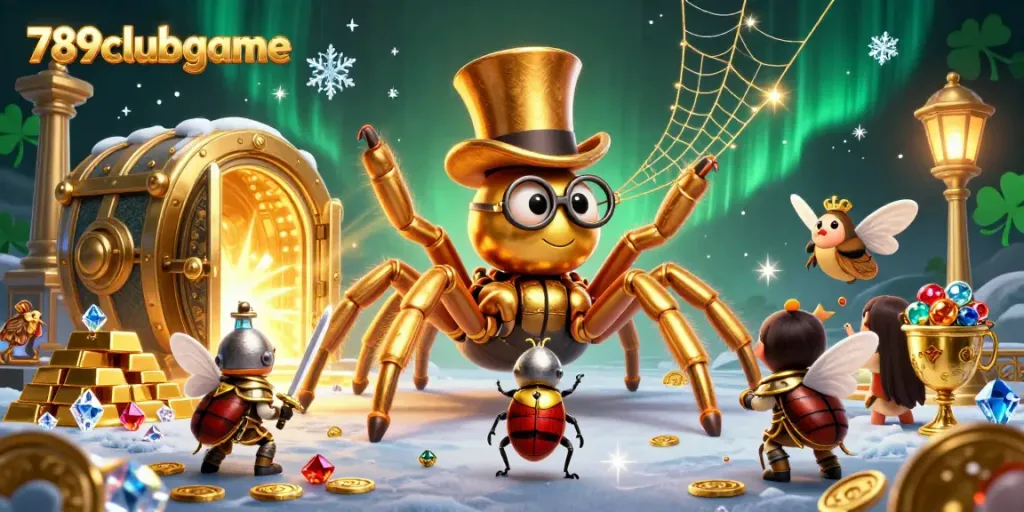 Experience thrilling action at 789clubgame with a vibrant scene of a golden tarantula and a beetle knight in a lively casino atmosphere.