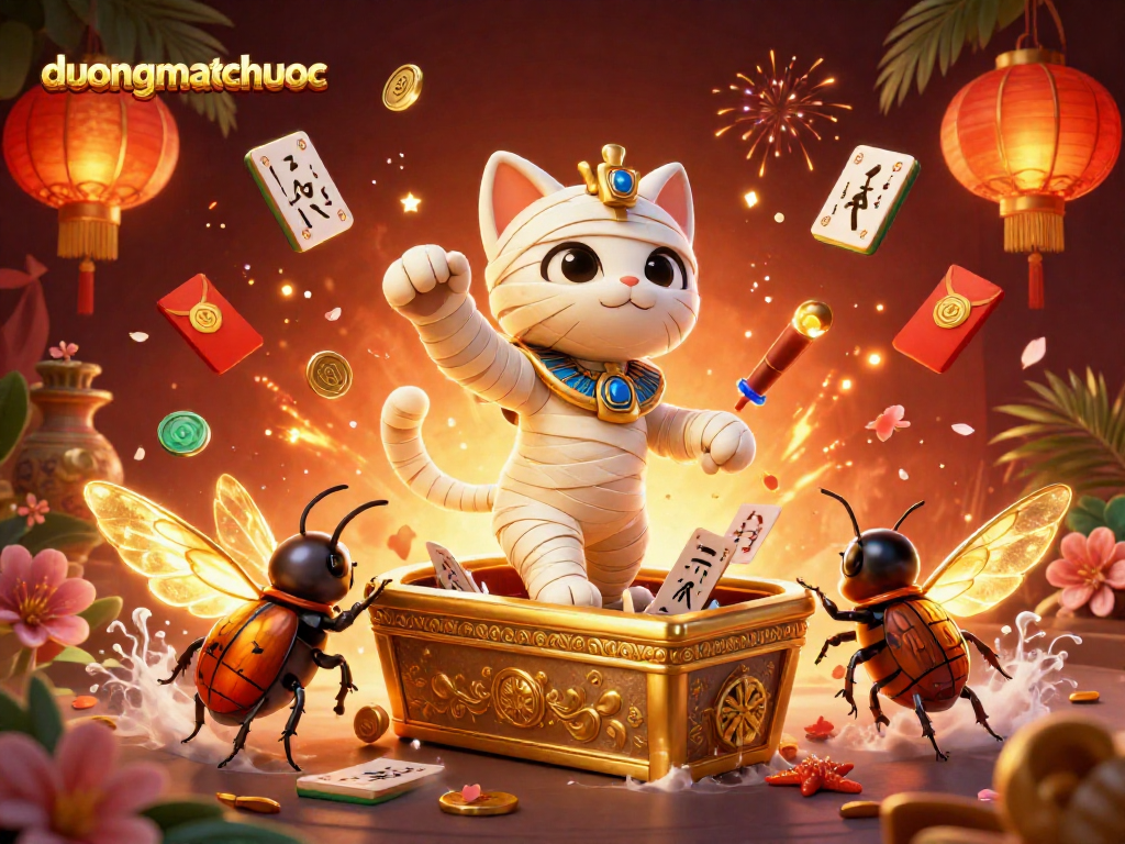 Engage in duongmatchuoc with vibrant mahjong tiles and an Egyptian mummy cat in a dynamic gaming scene.