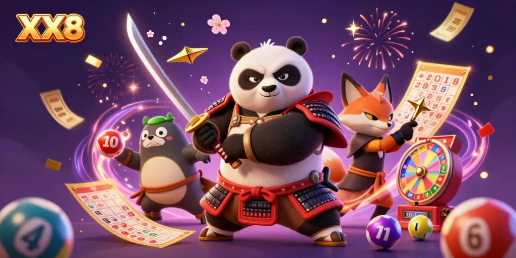 Engage with the energetic game scene featuring XX8, a samurai panda and ninja fox amidst lottery elements and festive confetti.