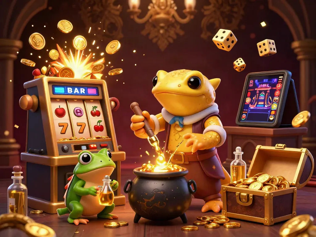 Experience the excitement of tomslot88 with a golden alchemist and a vibrant casino scene full of riches and jackpots.