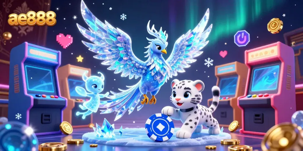 Experience the magical ae888 casino scene with a 3D ice phoenix, snow leopard cub, and glowing game machines.