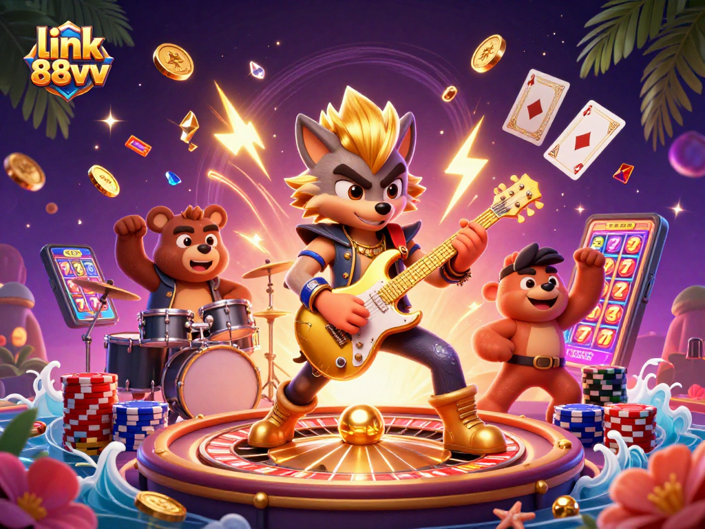 Experience the excitement of link 88vv with thrilling casino scenes featuring animated characters, games, and dazzling effects.