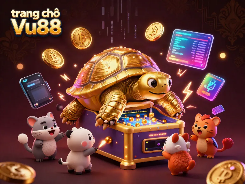 Play exciting games at trang chủ Vu88 with a vibrant 3D casino scene featuring a golden tortoise pinball machine.