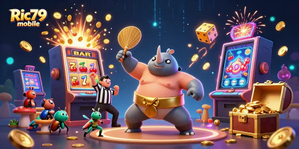 Experience the excitement of Ric79 mobile with a vibrant casino scene featuring animated beetle characters and slot machine action.