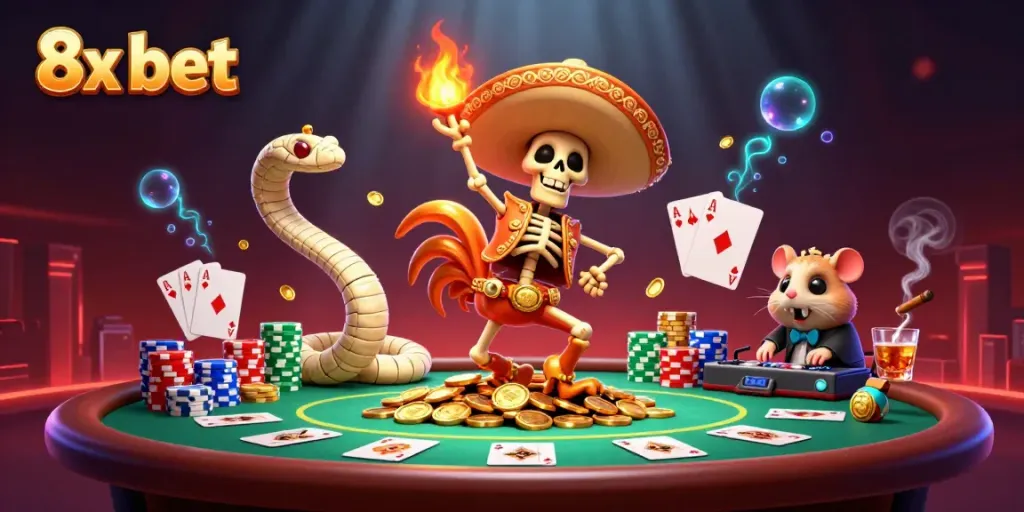 Experience 8x bet excitement with a lively scene of a cartoon mariachi rooster celebrating wins.