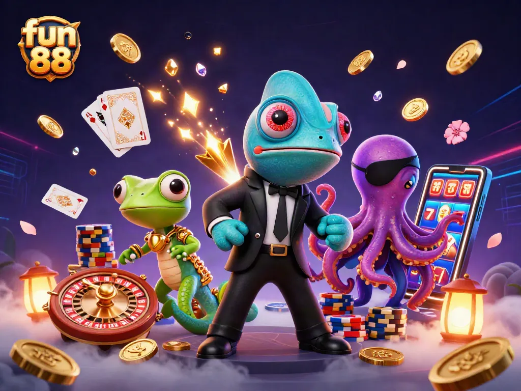 Experience thrilling fun 88 action with vibrant characters and casino elements in a colorful 3D illustration.