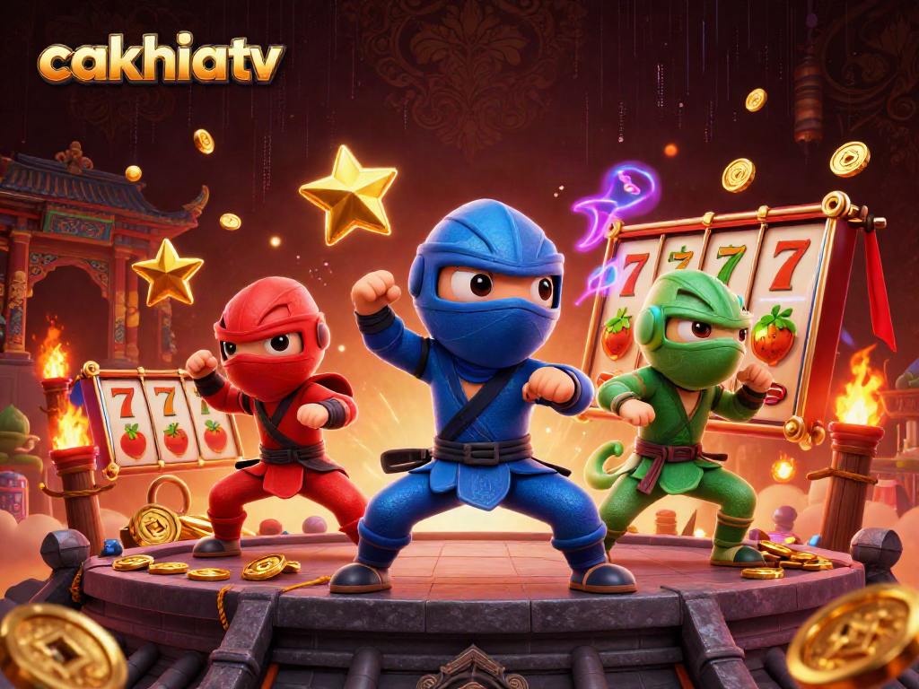 Cakhia tv showcases a vibrant 3D illustration of cartoon ninja chameleons performing martial arts with casino elements.