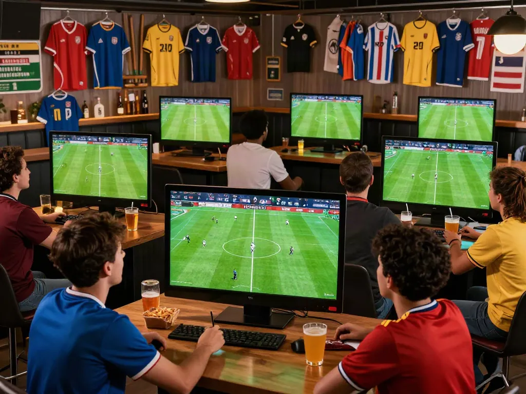 Excited fans enjoying a soccer match live stream on Socolive in a vibrant sports bar.
