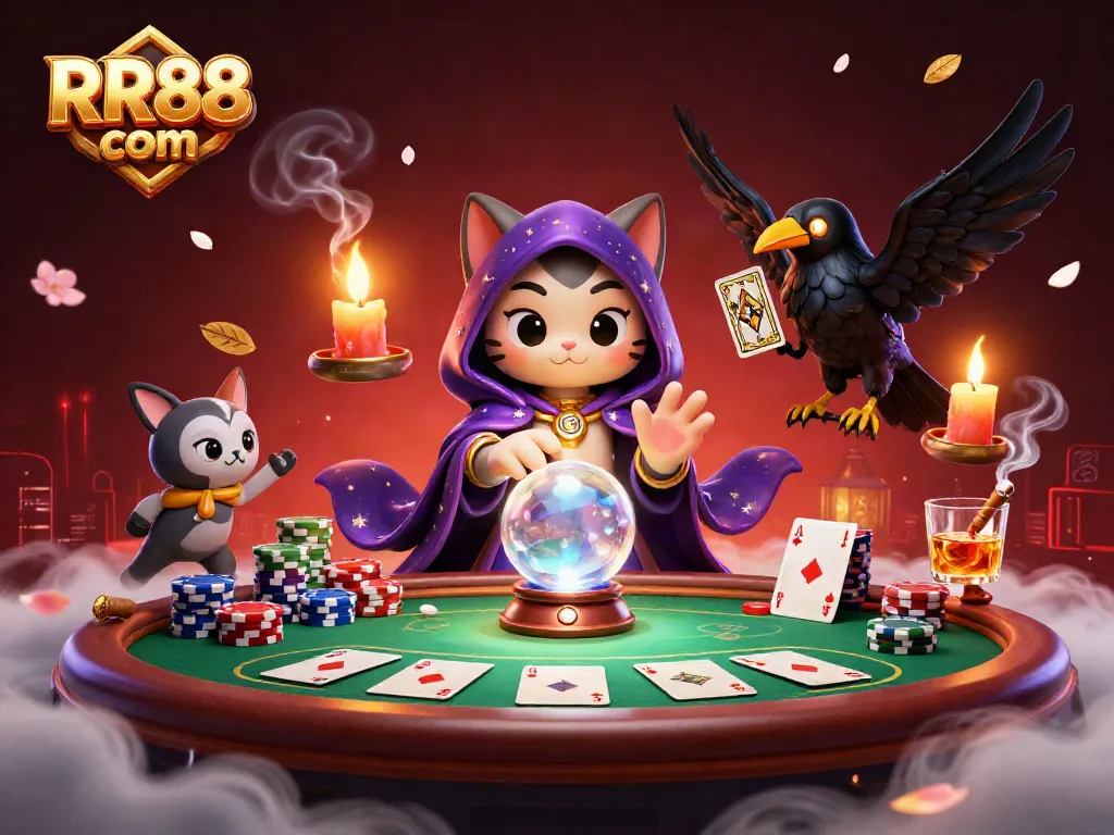 Experience the magic of RR88 com with a mystic cat, raven, and poker scene in a vibrant casino illustrated style.