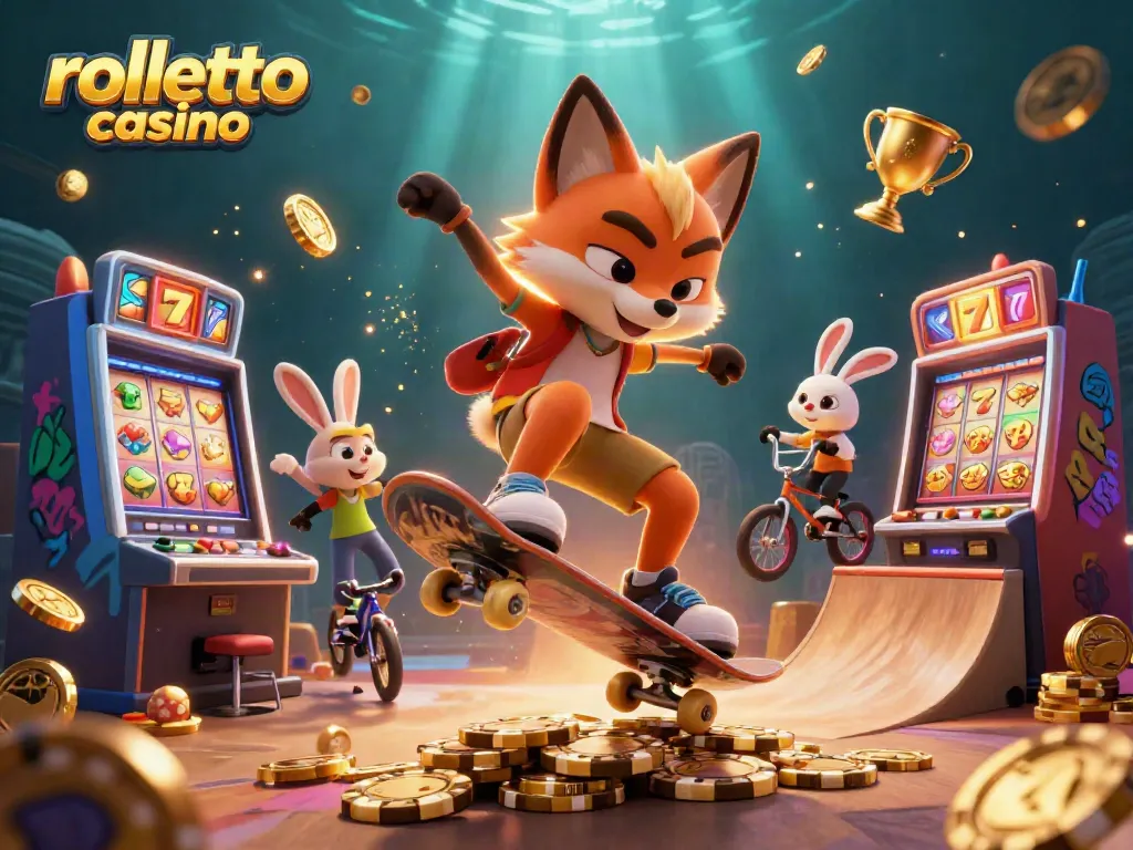 rolletto casino features a vibrant 3D scene with cartoon characters showcasing thrilling gameplay, slot machines, and energetic elements.