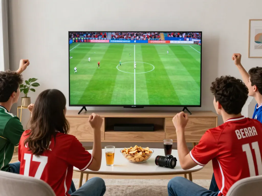 Group of friends watching Thapcamtv live football match in a stylish room.