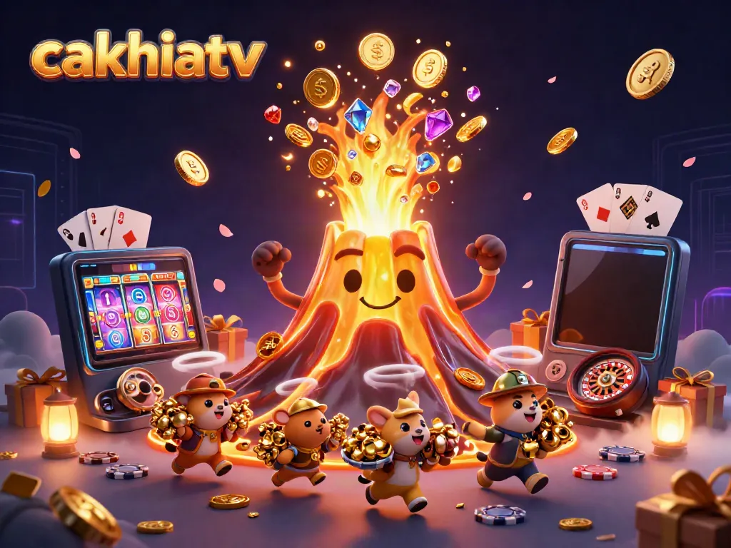 Cakhiatv showcases a triumphant golden volcano erupting coins, embodying a lively online gambling scene.