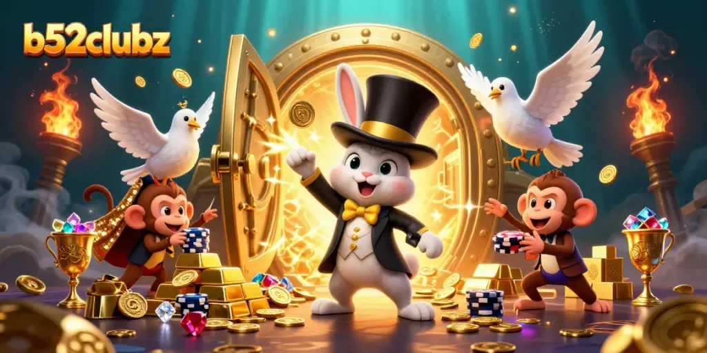 Experience the thrill of b52clubz as a magician pulls coins from a hat in a vibrant casino setting.