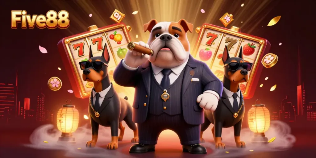 Experience thrilling adventures at Five88 with a mafia-themed 3D illustration showcasing dynamic slot games.