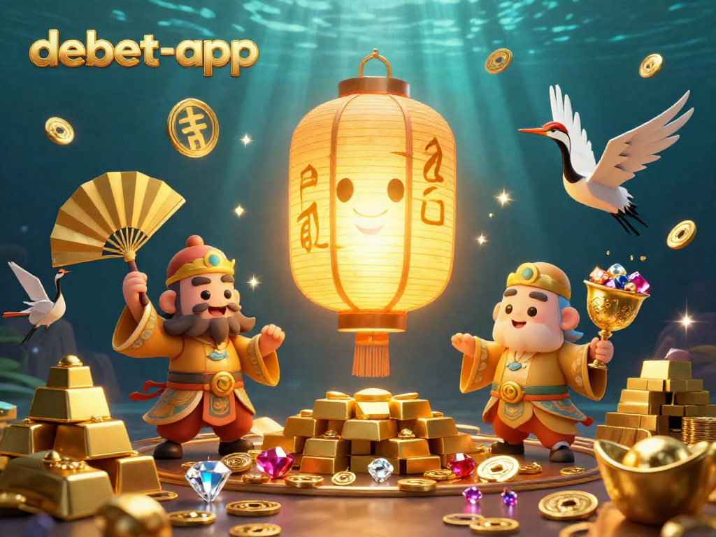 Engage with debet-app amidst a vibrant casino realm filled with golden treasures and luck-infused characters.