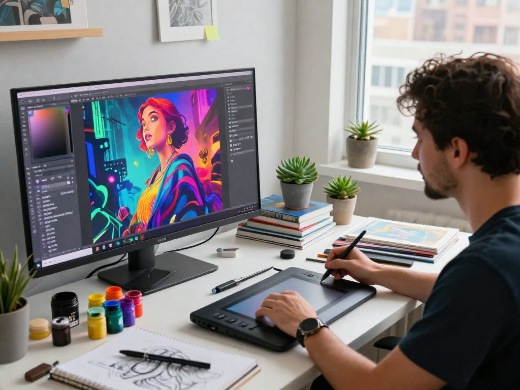 Artistic workspace showcasing NSFW AI digital art creation process with vibrant colors and tools.