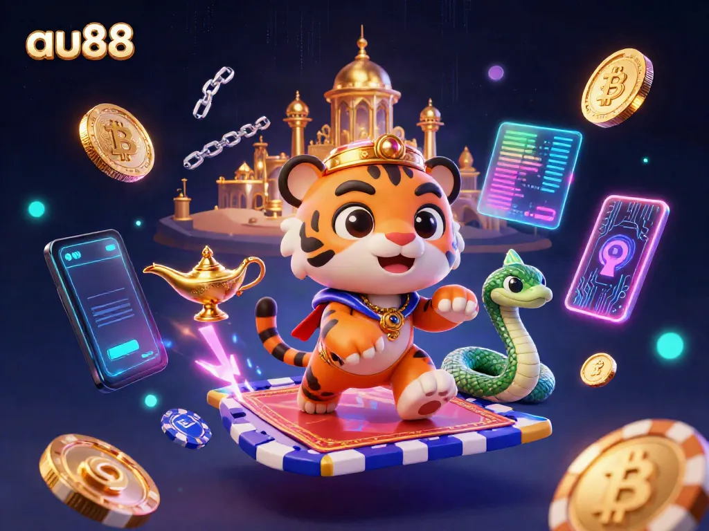 Experience the thrill of gaming with au88, featuring a vibrant casino scene with a sultan and magical elements.