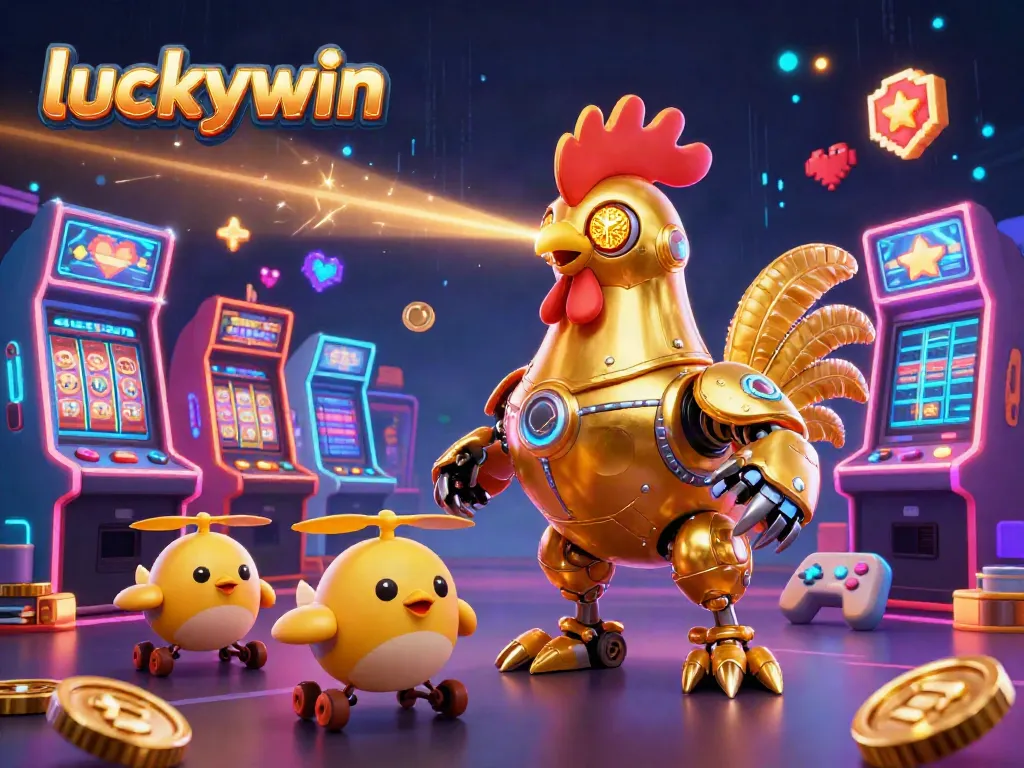 Experience the excitement at Luckywin with a vibrant scene of a golden rooster robot and baby chick drones amidst colorful slot machines.