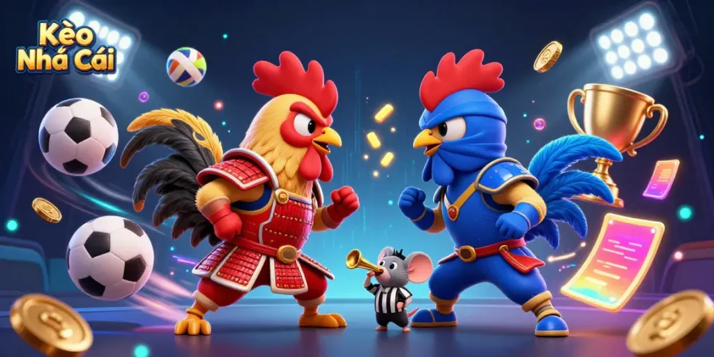 Experience exciting Kèo Nhà Cái action with dynamic fighting roosters and vibrant sports elements.