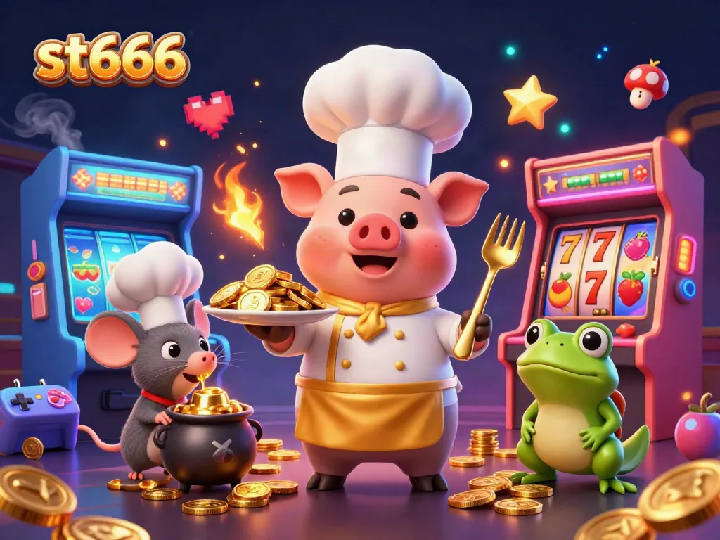 St666 chefs serve gold coins in a dynamic casino scene, showcasing exciting gaming elements.