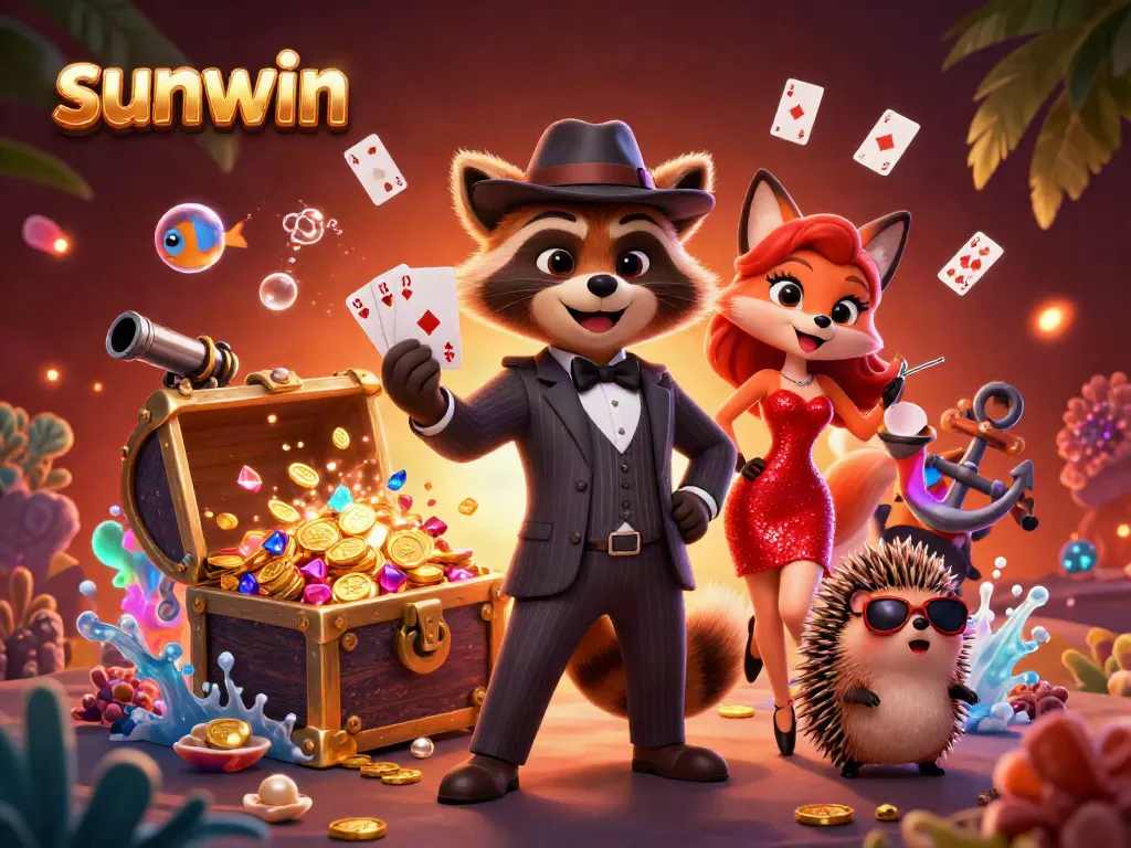 Experience thrilling gameplay at sunwin with a vibrant 3D casino illustration featuring unique characters and casino elements.
