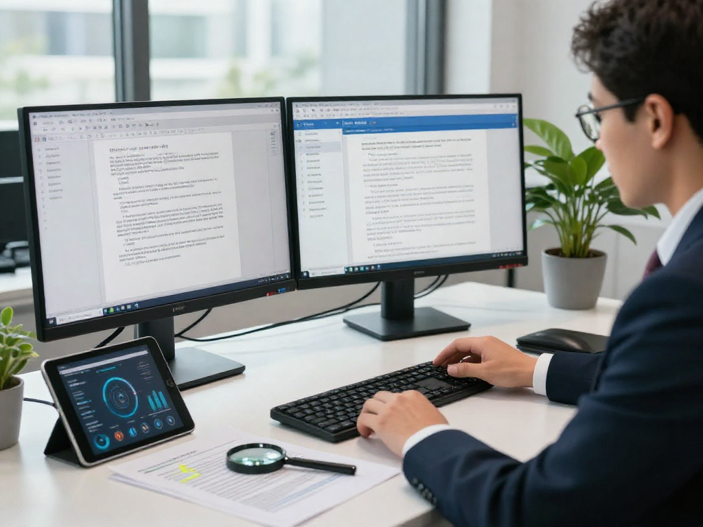 Compliance officer conducting document fraud detection analysis using advanced software in a modern office environment.