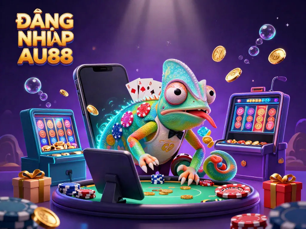 Experience the vibrant ĐĂNG NHẬP AU88 with a dynamic 3D casino scene featuring a chameleon owner amidst gaming excitement.