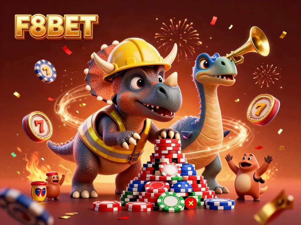 Experience F8BET through a vibrant 3D illustration showcasing a joyful casino scene with cheering dinosaurs.