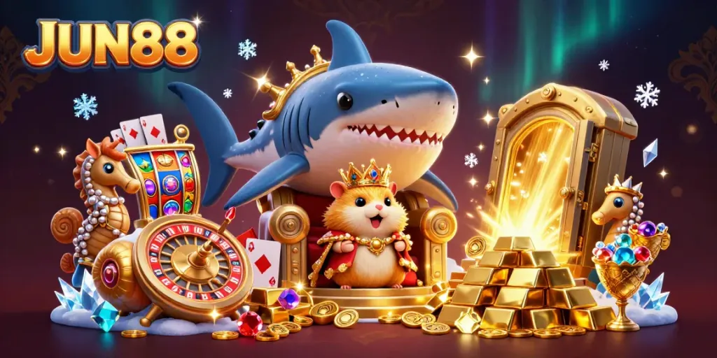 Experience thrilling casino action at JUN88 with vibrant games, gold treasures, and dynamic characters.