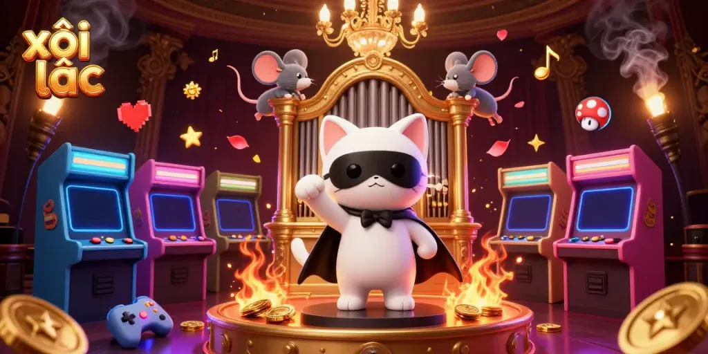 Experience the excitement of xôi lạc as a whimsical cat plays at a casino organ amidst vibrant game elements.