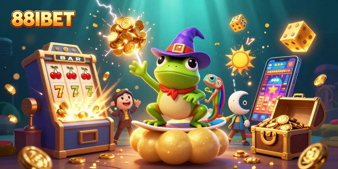 Admire the 88IBET wizard frog conjuring gold amidst a vibrant casino landscape.