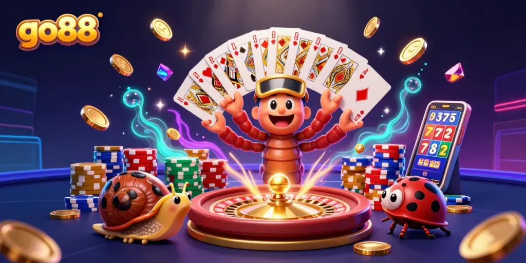 Experience excitement at go88 casino with a 3D millipede dealer and vibrant game elements.