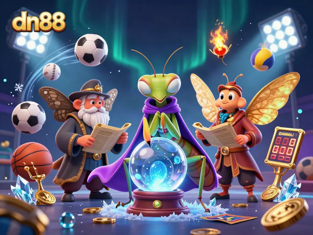 Engage in dynamic betting action with dn88, illustrated by fortune tellers and sports elements.