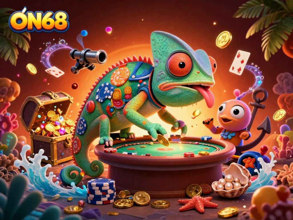 Engage with ON68's chameleon casino owner amid vibrant gaming elements and gold treasures.