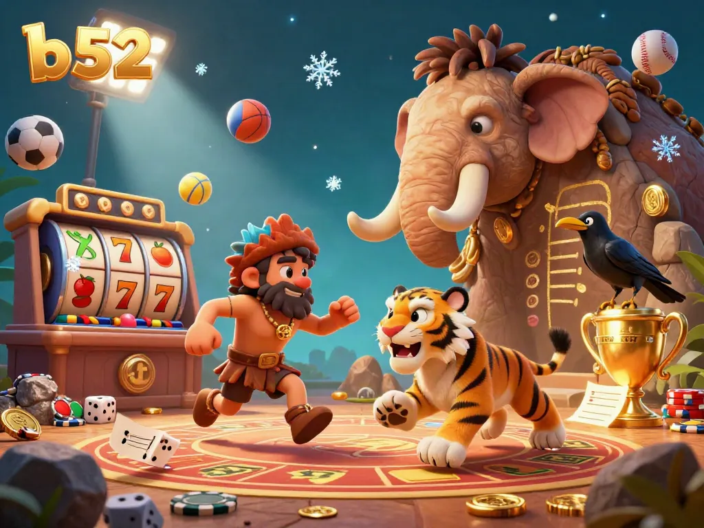 Experience the excitement of b52 with a dynamic casino scene featuring cavemen and sumptuous game elements.
