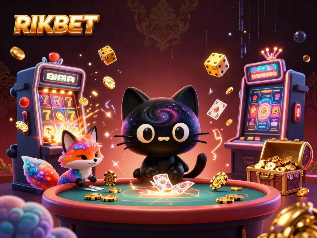 Experience the thrill of RIKBET with a cosmic black hole cat at a vibrant casino scene.