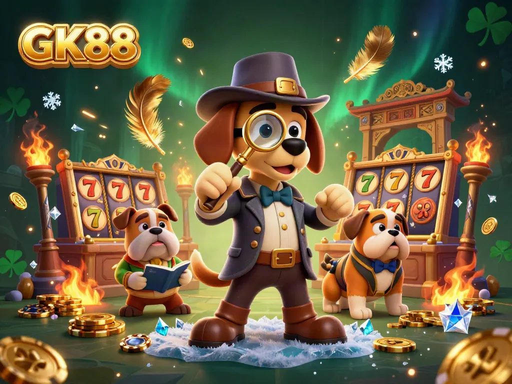 Examine GK88 poker chip clues in a VTOL-like 3D casino scene with vibrant characters.