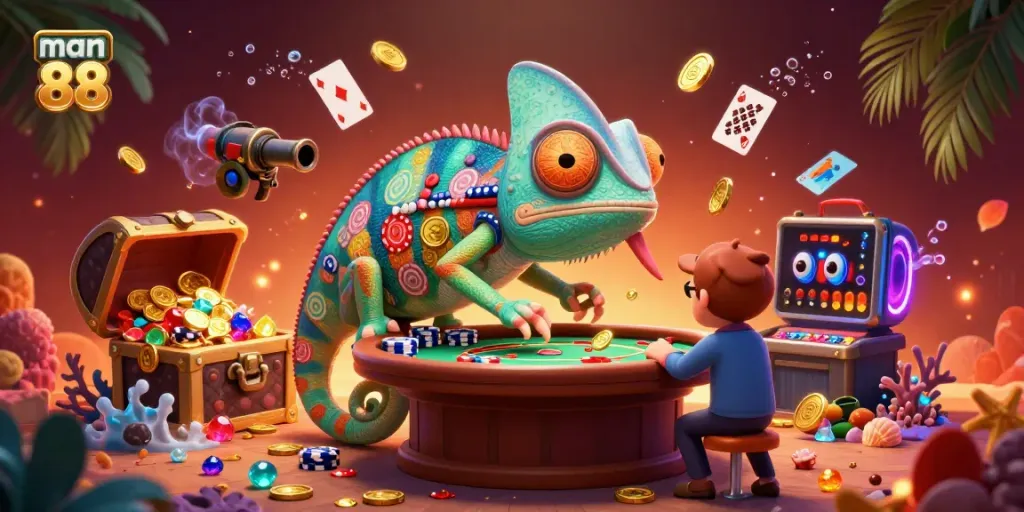 Experience excitement with man 88 as the chameleon casino owner captures golden coins amidst a colorful underwater treasure scene.
