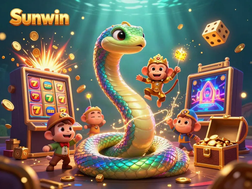 Win big with Sunwin's vibrant 3D casino fantasy illustration full of exciting gaming elements.