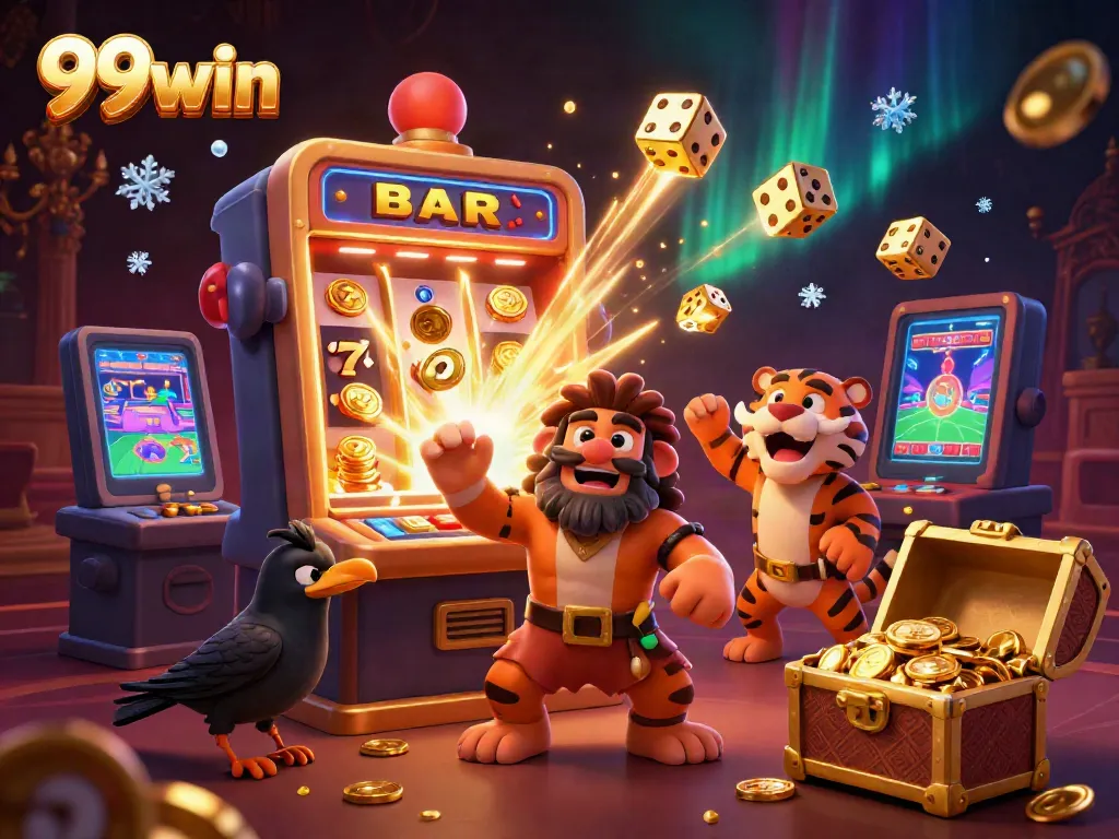 A dynamic 3D casino scene showcasing characters from 99win with a jackpot slot machine bursting coins, capturing playful gambling excitement.