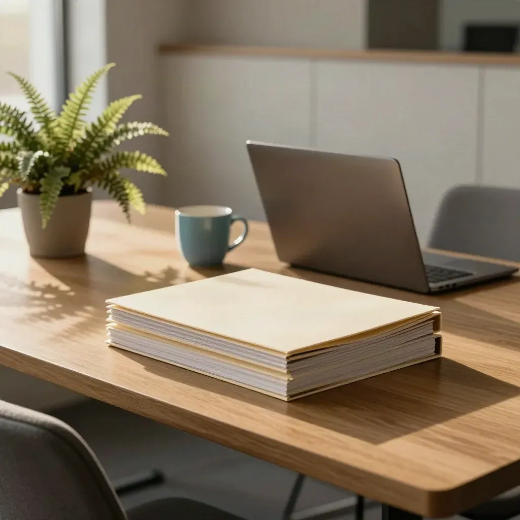 Cream folders, shut laptop, blue mug and fern on an oak table in a calm meeting alcove.