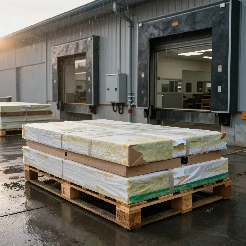 Drizzly loading bay with insulation pallets, exposed services, and office wing