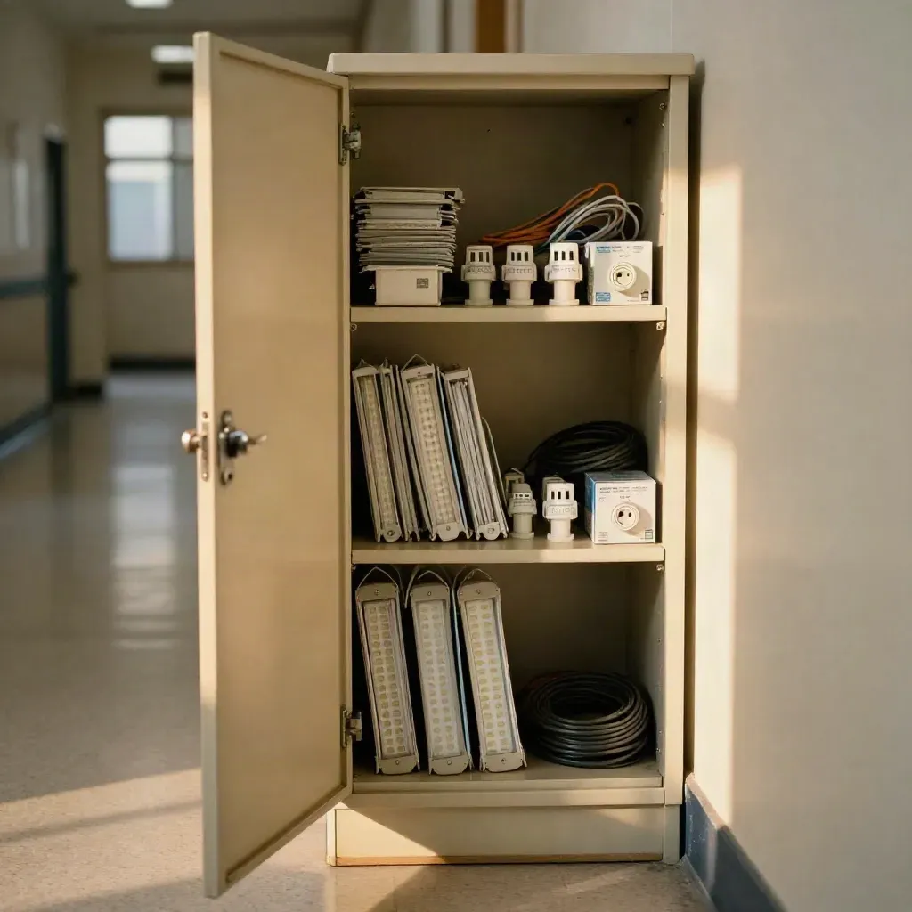 Organised school utility cupboard with LED battens, filters and thermostat heads